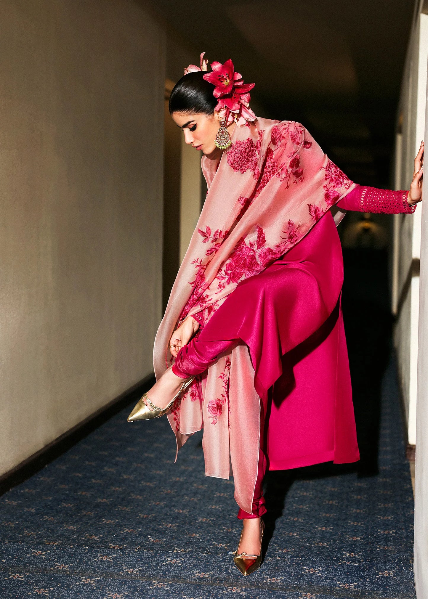 Model wearing deep pink Fusche dress by Hussain Rehar, Pakistani luxury pret available online in UK for festive occasions