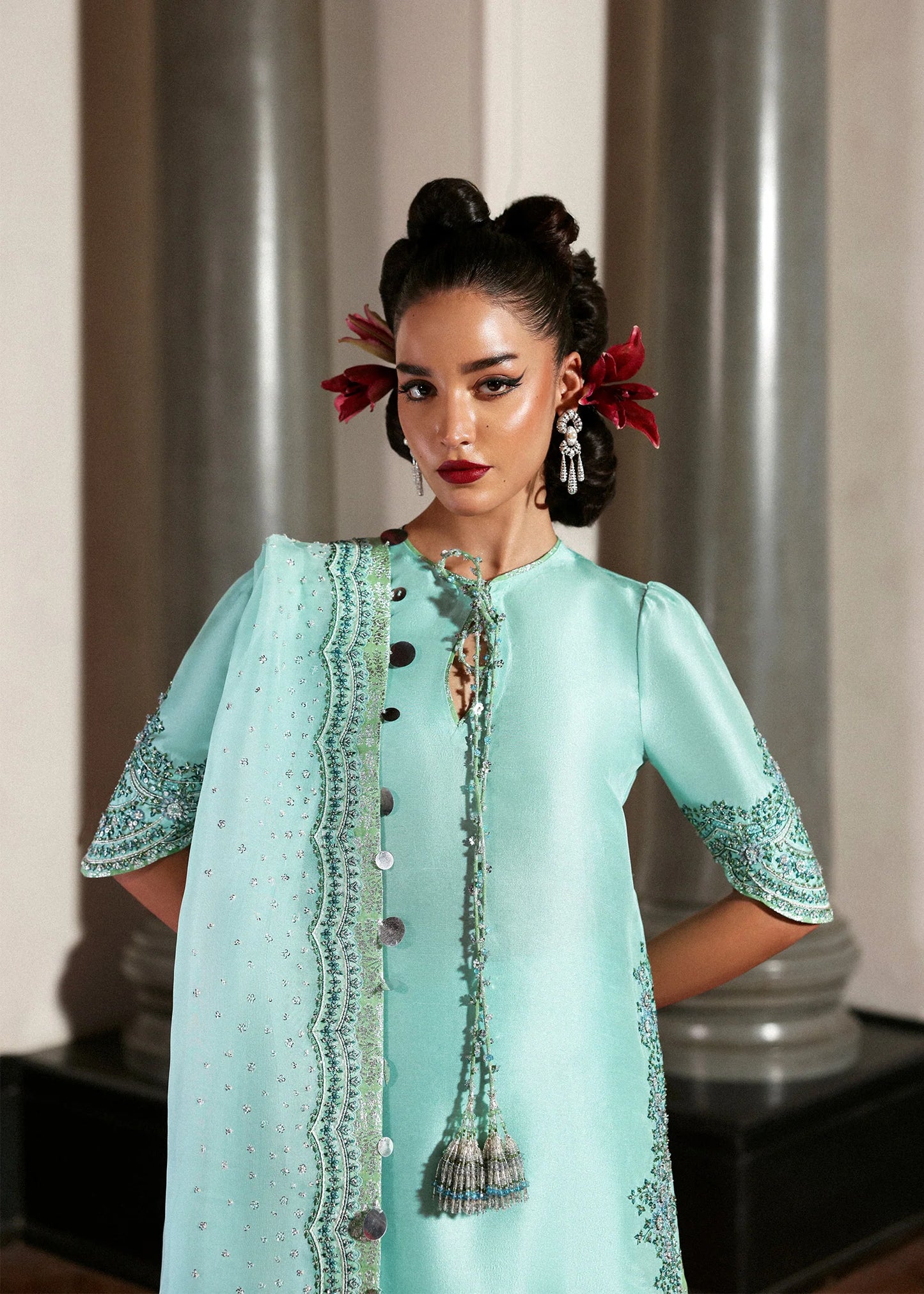Model wearing mint green Mynt dress by Hussain Rehar, Pakistani luxury pret available online in UK for festive wear and occasions
