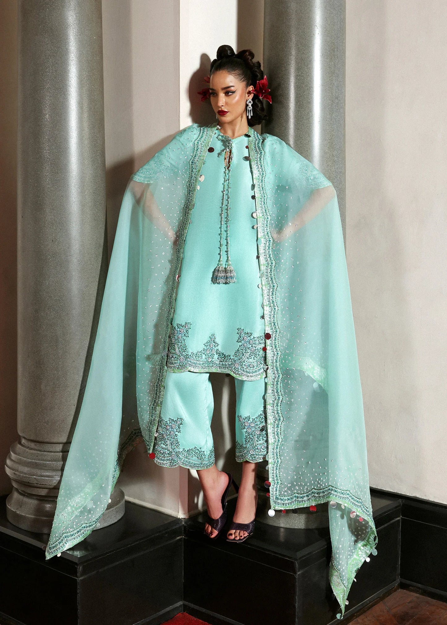 Model wearing mint green Mynt dress by Hussain Rehar, Pakistani luxury pret available online in UK for festive wear and occasions