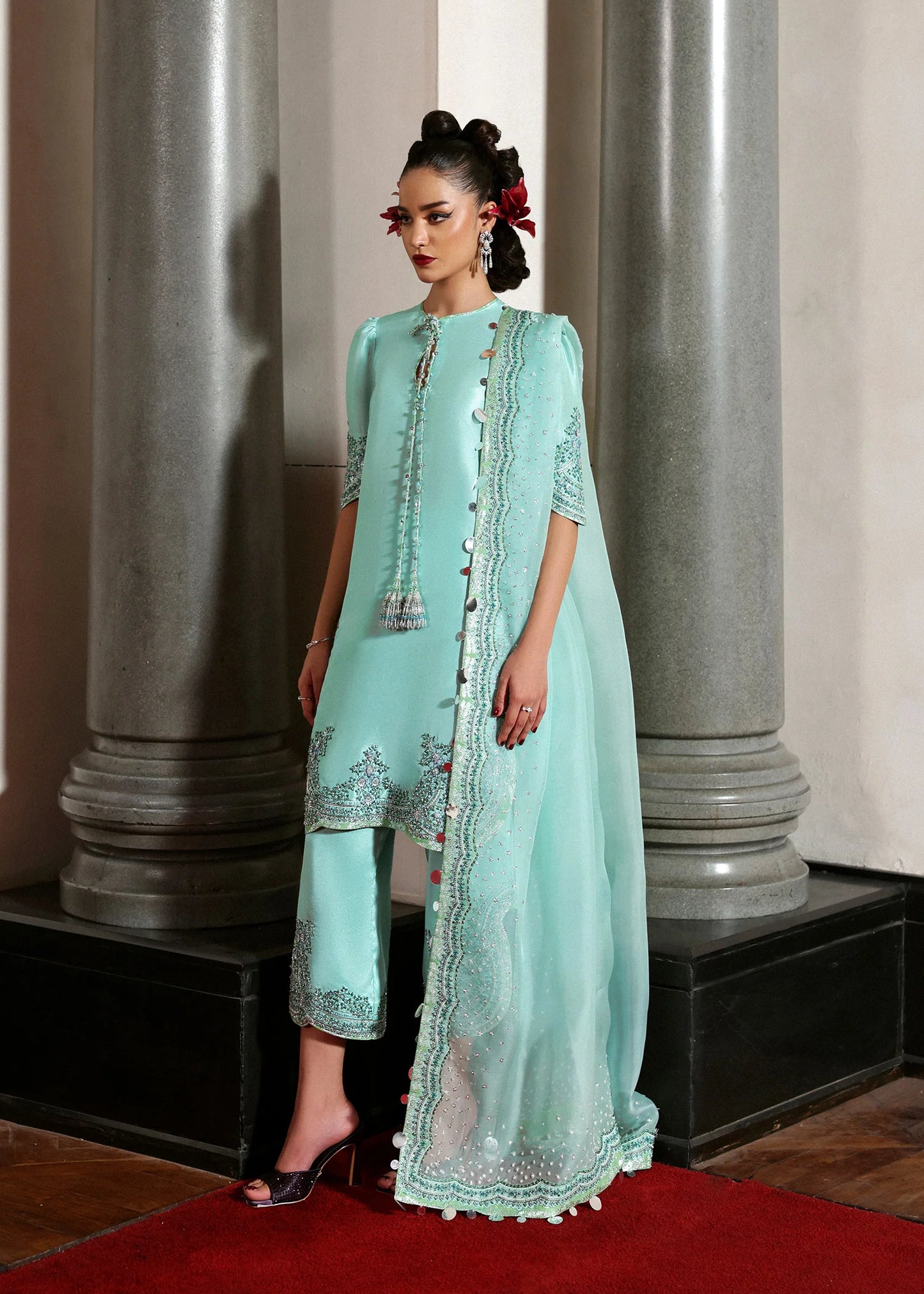 Model wearing mint green Mynt dress by Hussain Rehar, Pakistani luxury pret available online in UK for festive wear and occasions