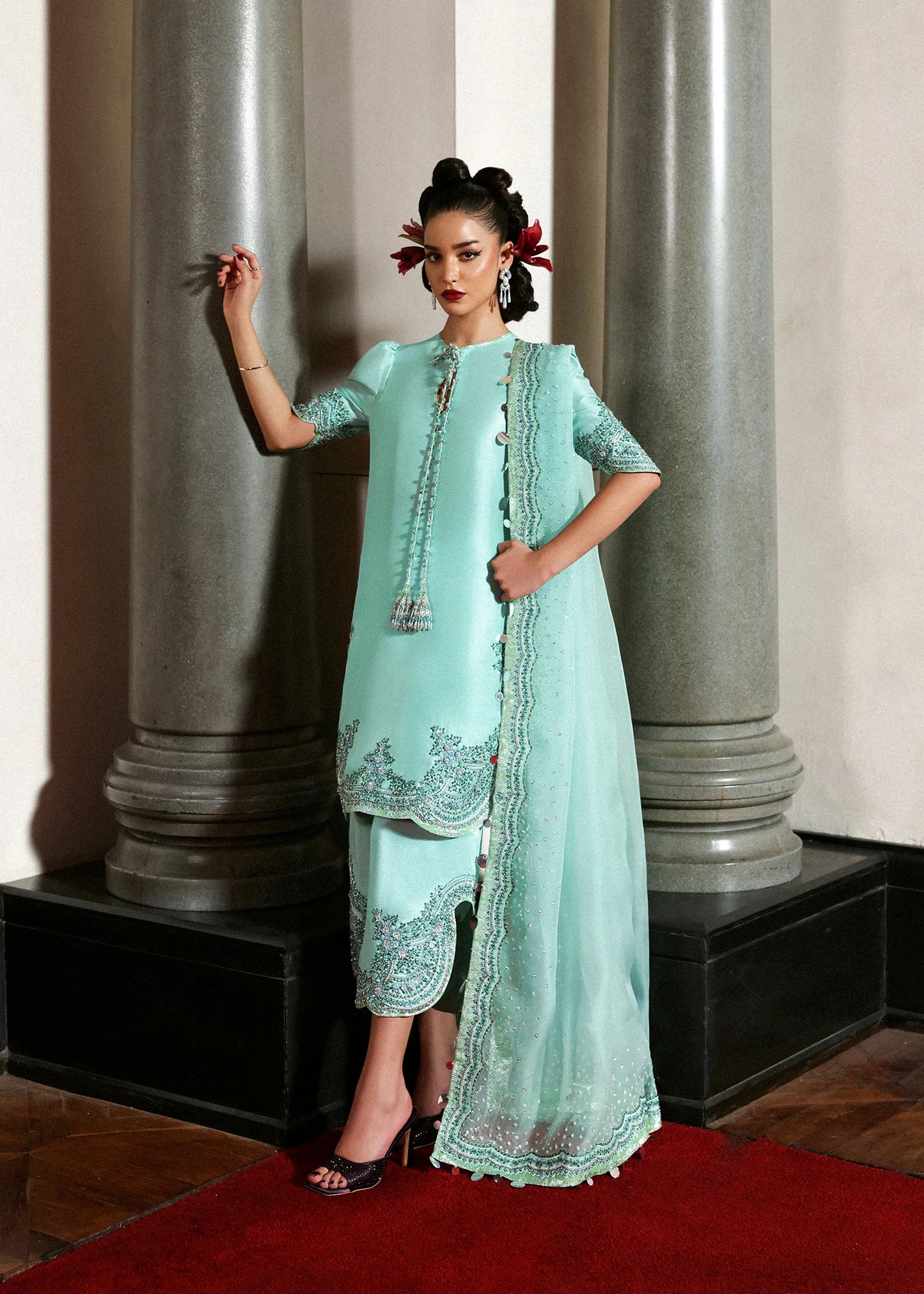 Model wearing mint green Mynt dress by Hussain Rehar, Pakistani luxury pret available online in UK for festive wear and occasions