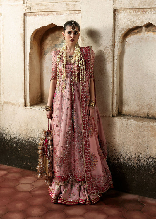 Model wearing Roshanara by Hussain Rehar in soft blush pink – Pakistani luxury pret for wedding season, shop Hussain Rehar online in UK.

