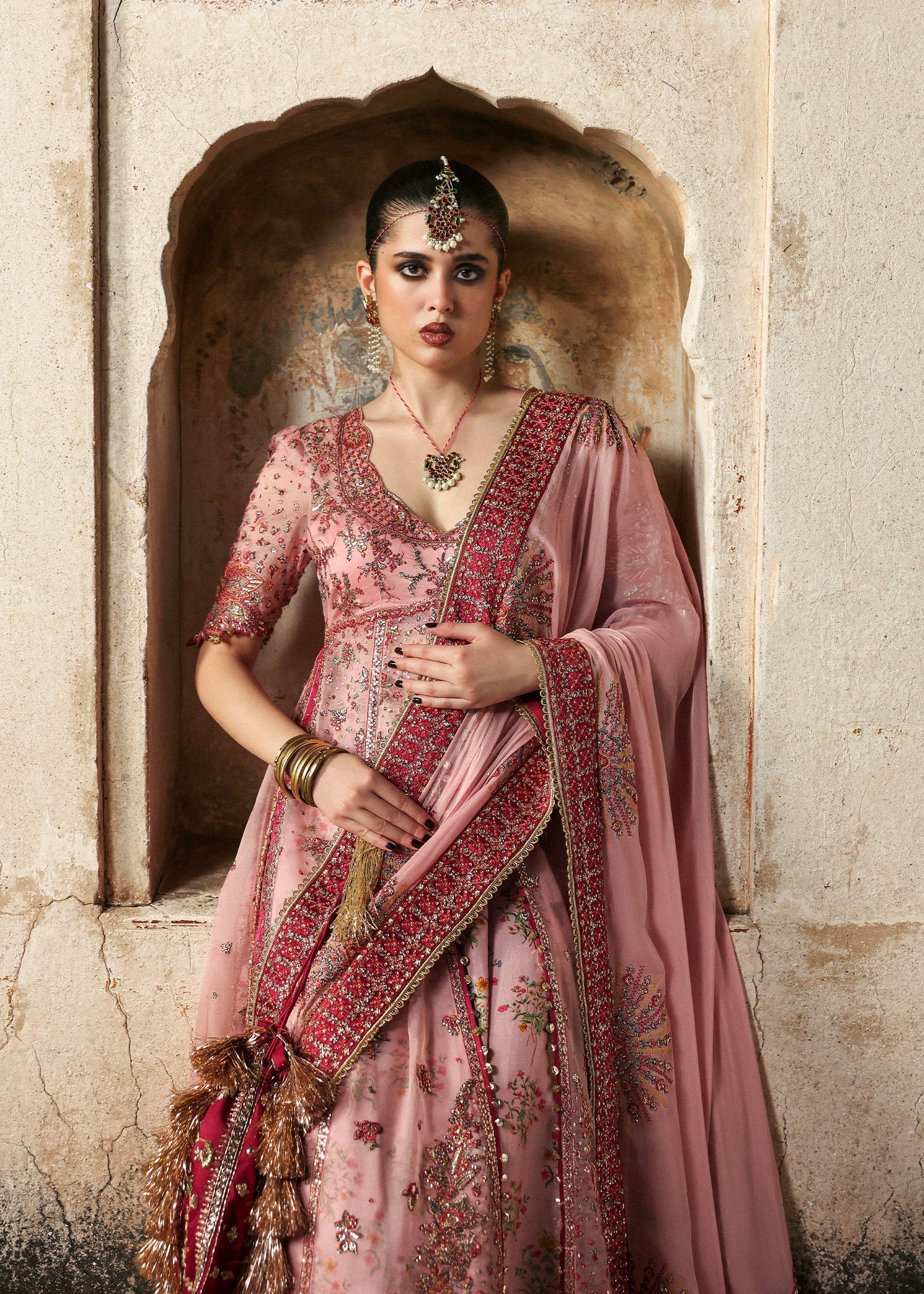 Model wearing Roshanara by Hussain Rehar in soft blush pink – Pakistani luxury pret for wedding season, shop Hussain Rehar online in UK.
