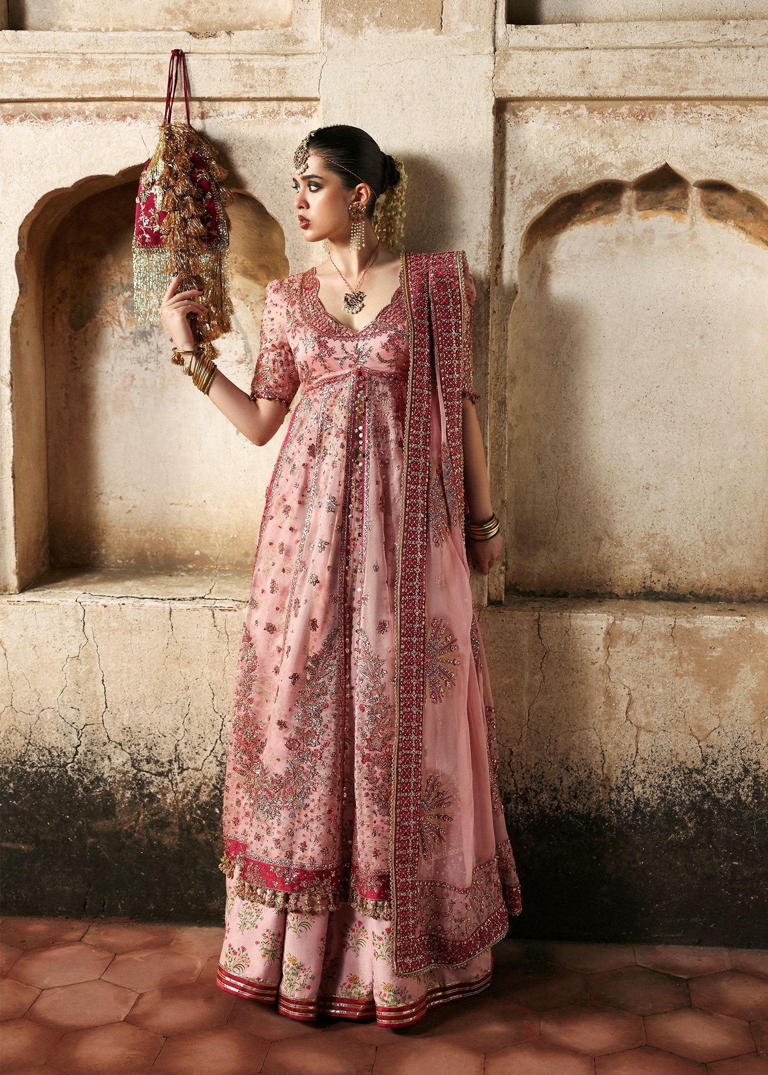 Model wearing Roshanara by Hussain Rehar in soft blush pink – Pakistani luxury pret for wedding season, shop Hussain Rehar online in UK.
