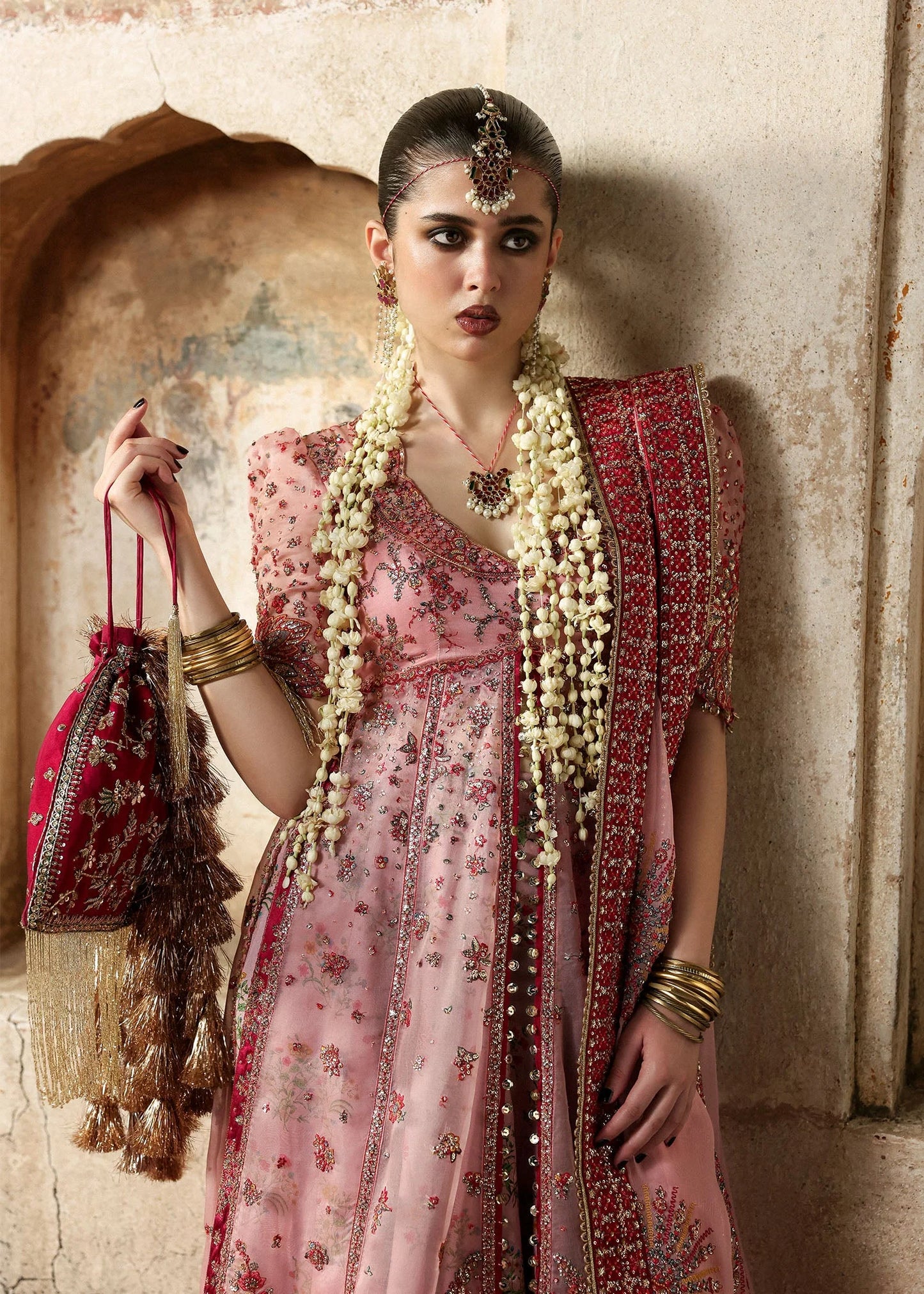 Model wearing Roshanara by Hussain Rehar in soft blush pink – Pakistani luxury pret for wedding season, shop Hussain Rehar online in UK.
