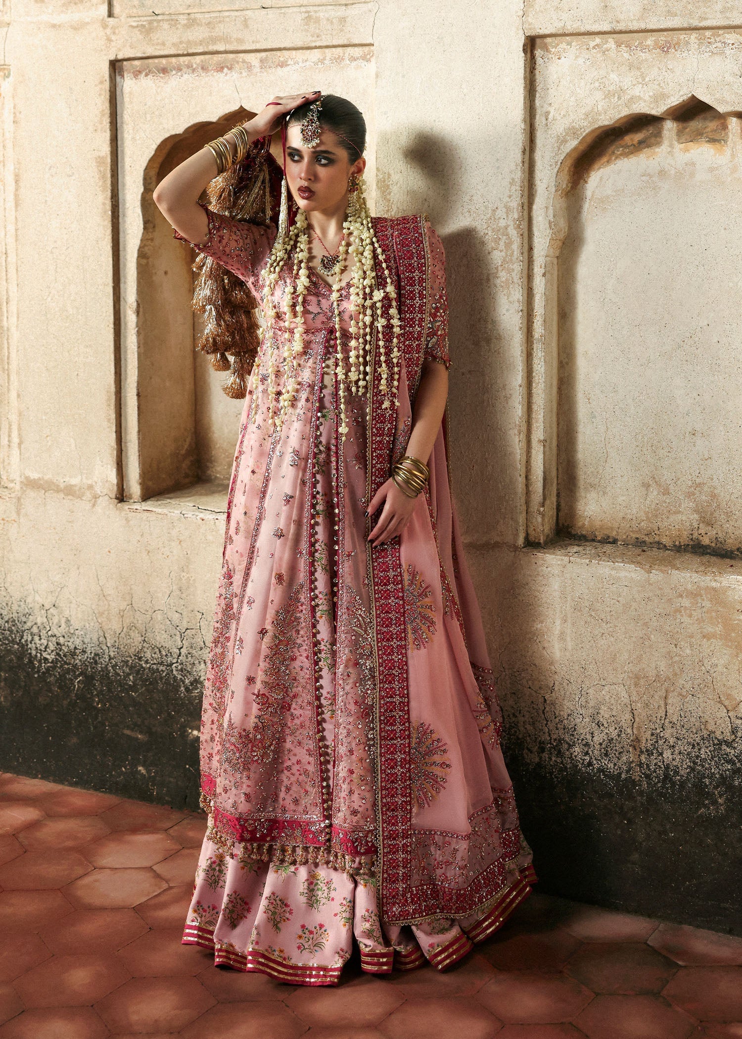Model wearing Roshanara by Hussain Rehar in soft blush pink – Pakistani luxury pret for wedding season, shop Hussain Rehar online in UK.
