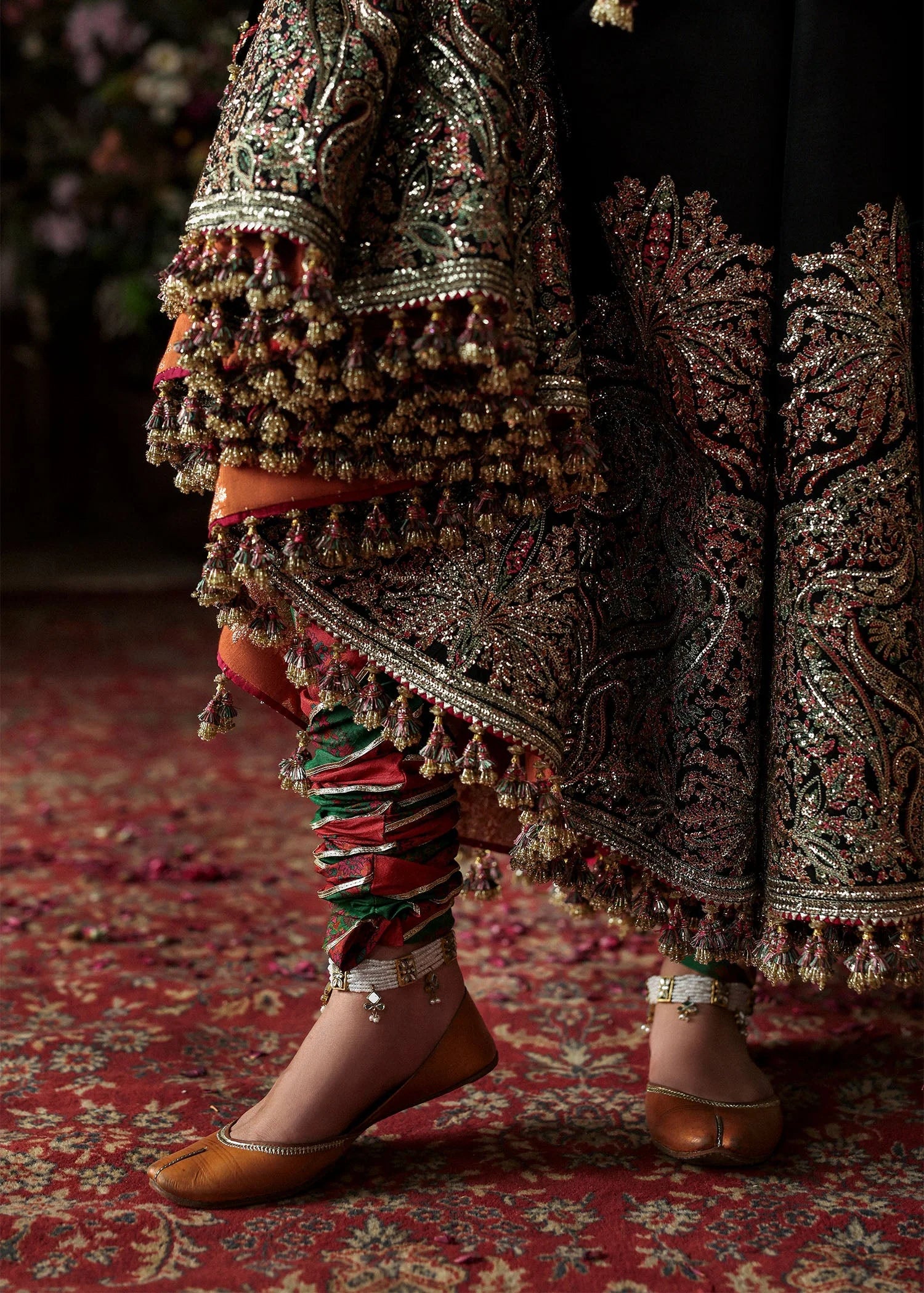 Model wearing Noor Jehan by Hussain Rehar in black with intricate embroidery – Pakistani luxury pret, shop Hussain Rehar online in UK.
