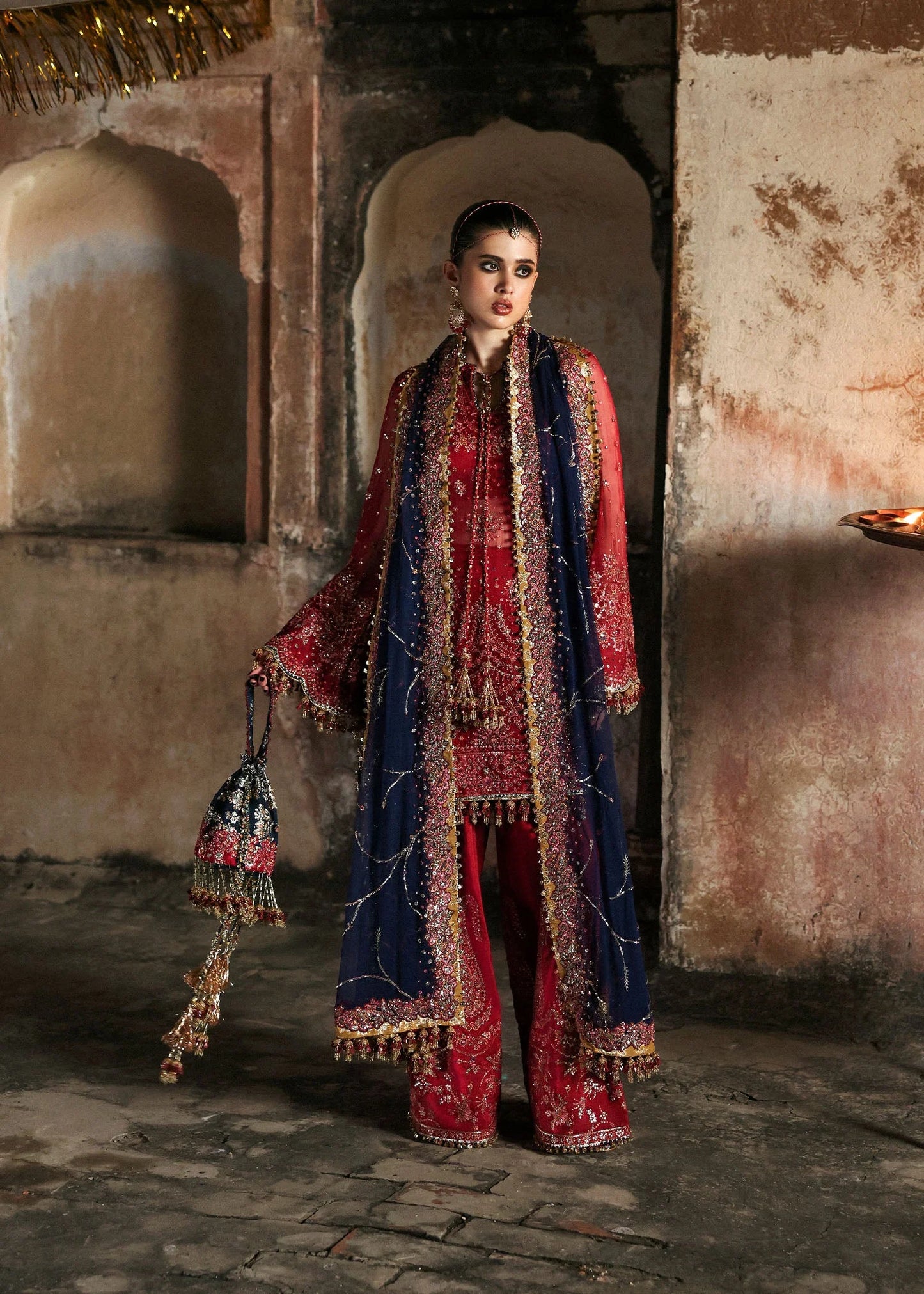 Model wearing Shahrbano by Hussain Rehar in deep red with navy dupatta – Pakistani luxury pret, shop Hussain Rehar clothes online in UK.

