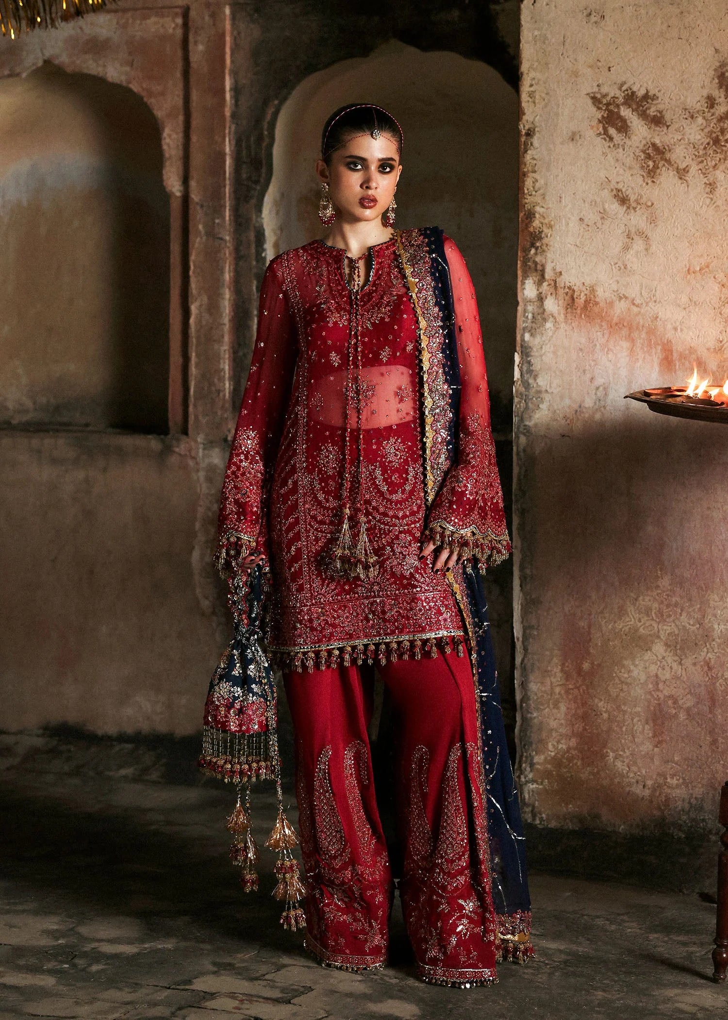 Model wearing Shahrbano by Hussain Rehar in deep red with navy dupatta – Pakistani luxury pret, shop Hussain Rehar clothes online in UK.

