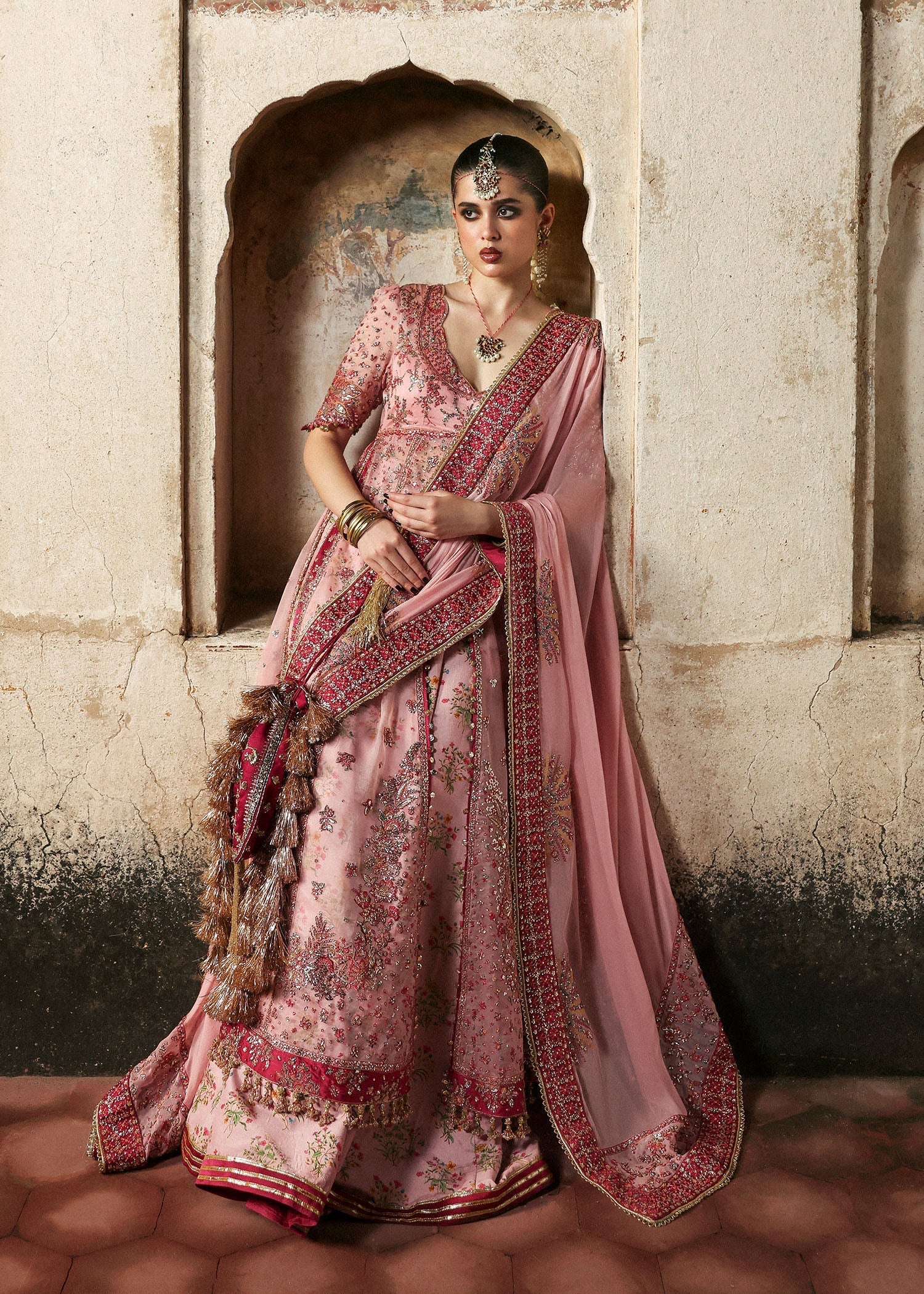 Model wearing Roshanara by Hussain Rehar in soft blush pink – Pakistani luxury pret for wedding season, shop Hussain Rehar online in UK.
