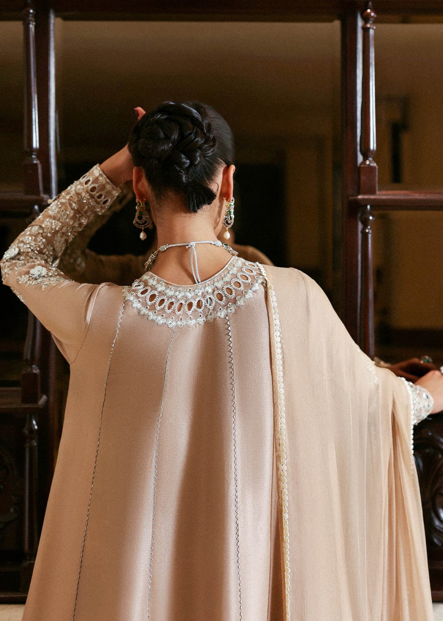 Model wearing beige Aeris dress by Hussain Rehar, Pakistani luxury pret available online in UK, ideal for festive wear