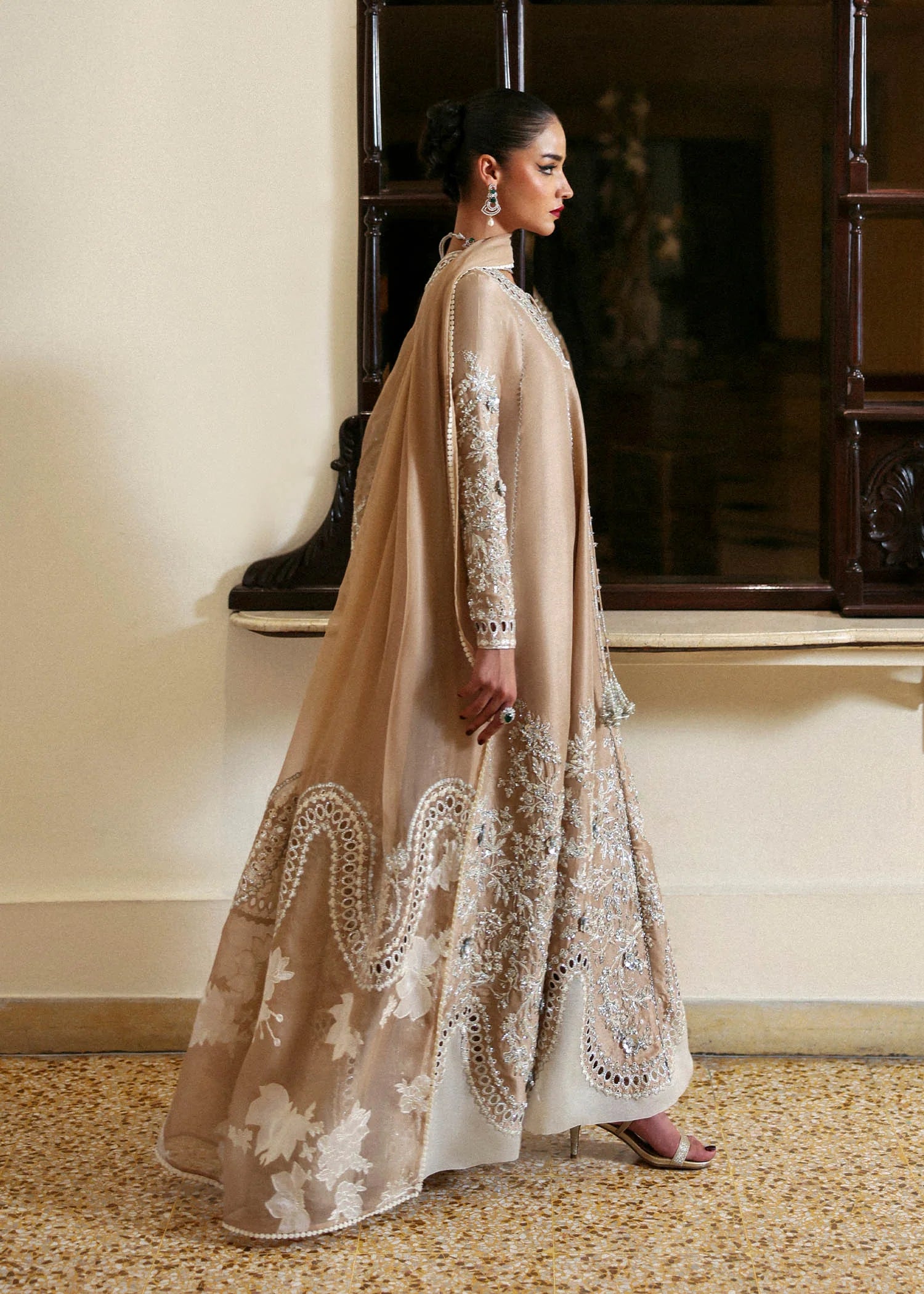 Model wearing beige Aeris dress by Hussain Rehar, Pakistani luxury pret available online in UK, ideal for festive wear