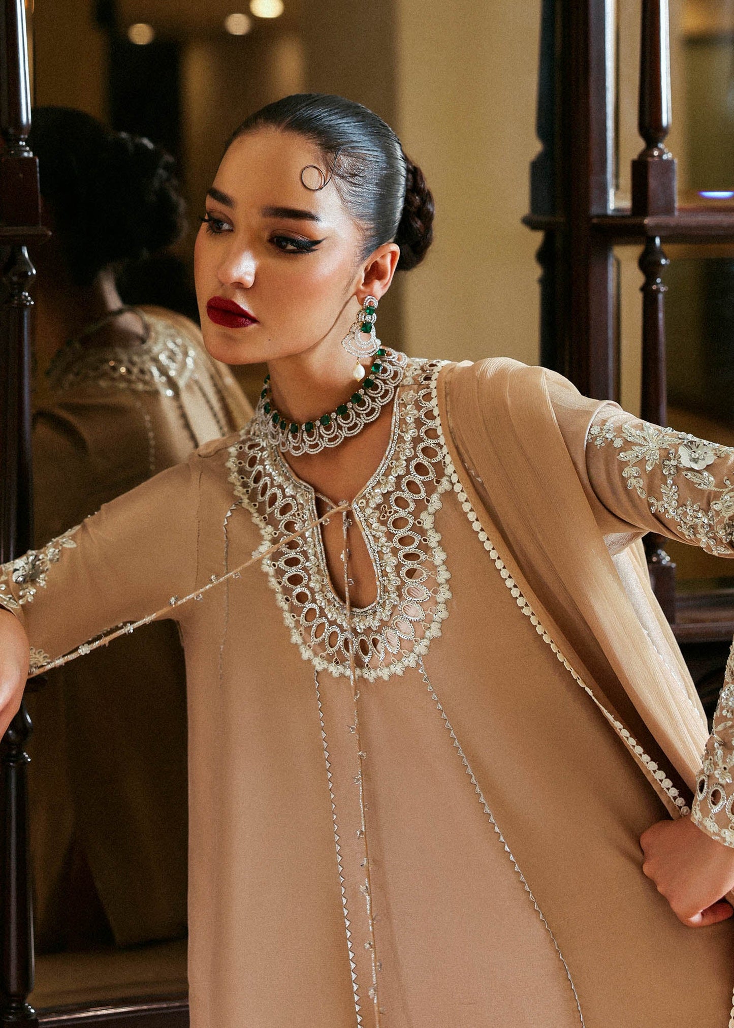 Model wearing beige Aeris dress by Hussain Rehar, Pakistani luxury pret available online in UK, ideal for festive wear