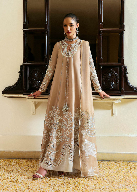 Model wearing beige Aeris dress by Hussain Rehar, Pakistani luxury pret available online in UK, ideal for festive wear