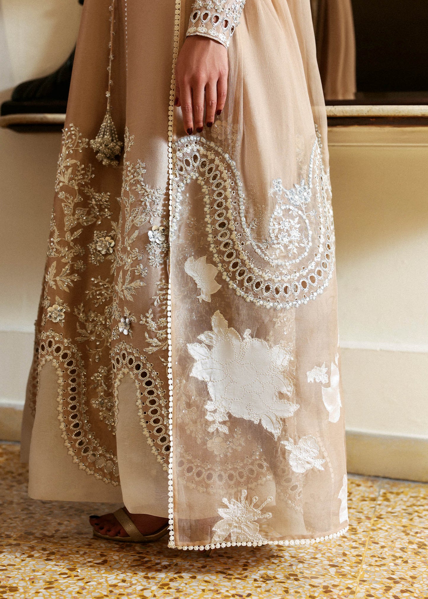 Model wearing beige Aeris dress by Hussain Rehar, Pakistani luxury pret available online in UK, ideal for festive wear
