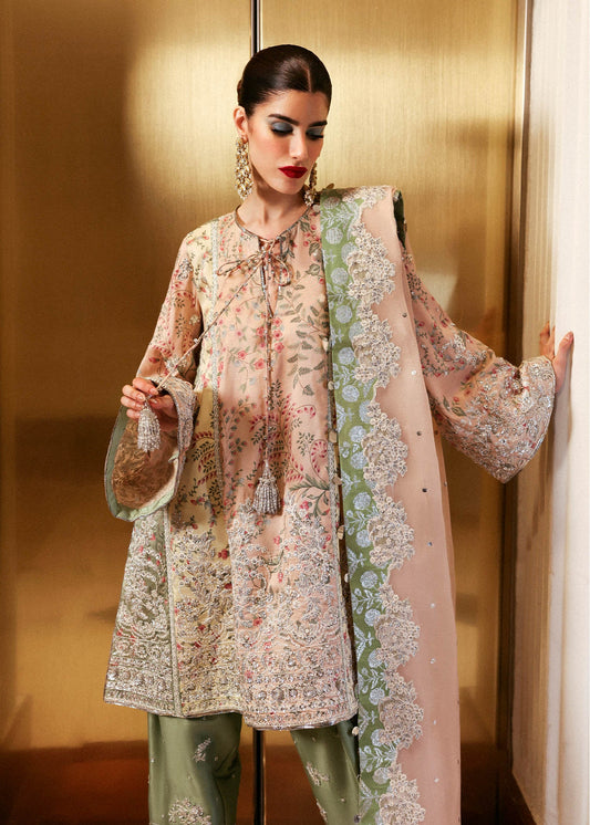 Model wearing multi-color Reve dress by Hussain Rehar, Pakistani luxury pret available online in UK for celebrations.