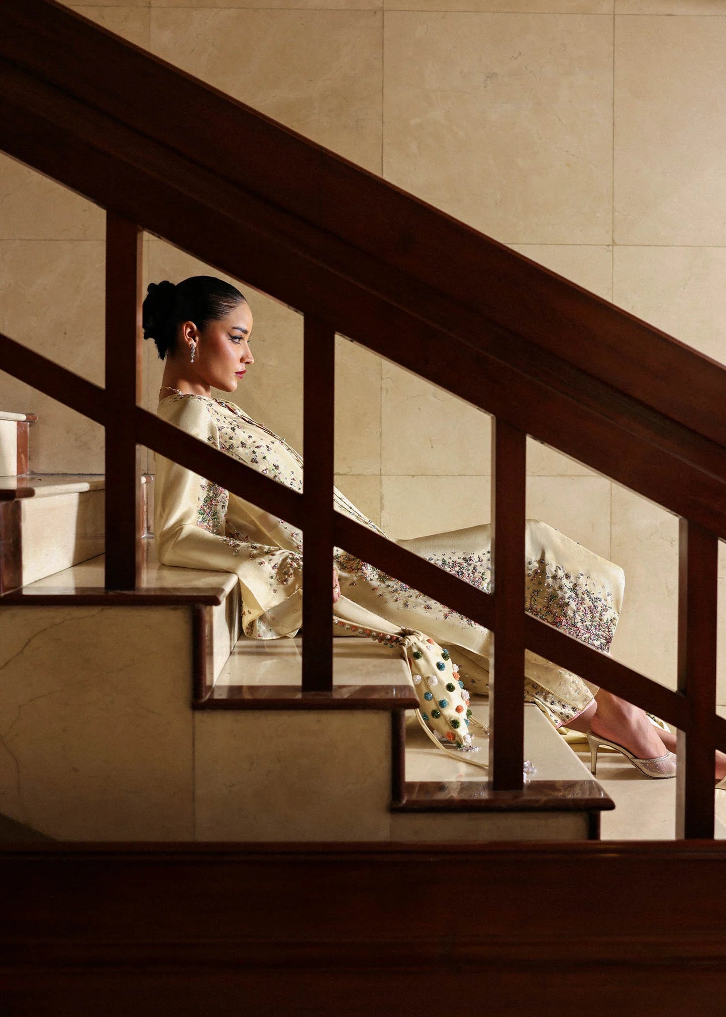 Model wearing cream Ciel dress by Hussain Rehar, Pakistani luxury pret available online in UK, ideal for festive wear