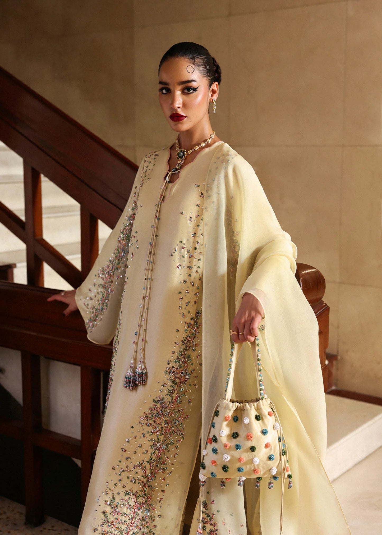 Model wearing cream Ciel dress by Hussain Rehar, Pakistani luxury pret available online in UK, ideal for festive wear