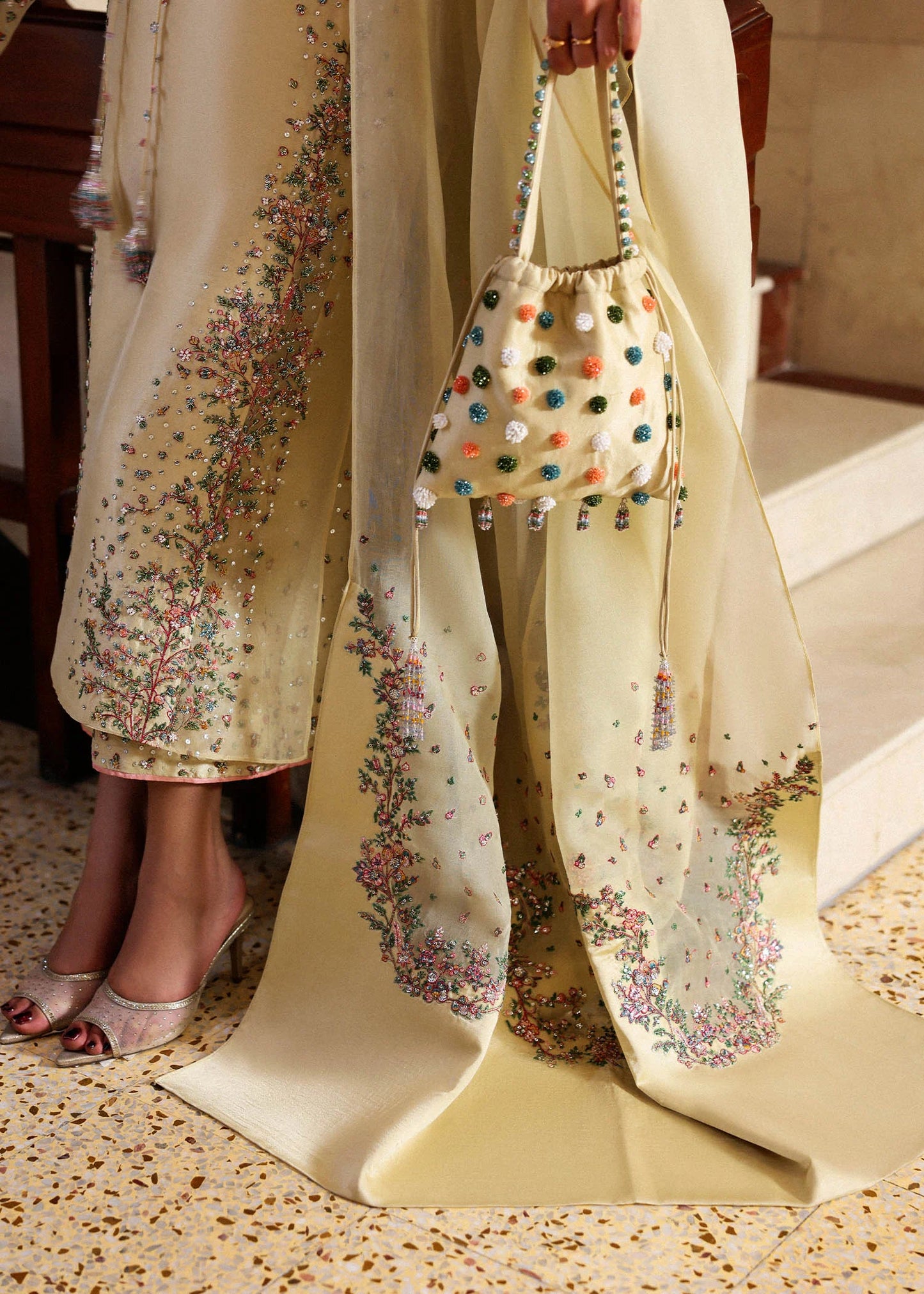 Model wearing cream Ciel dress by Hussain Rehar, Pakistani luxury pret available online in UK, ideal for festive wear