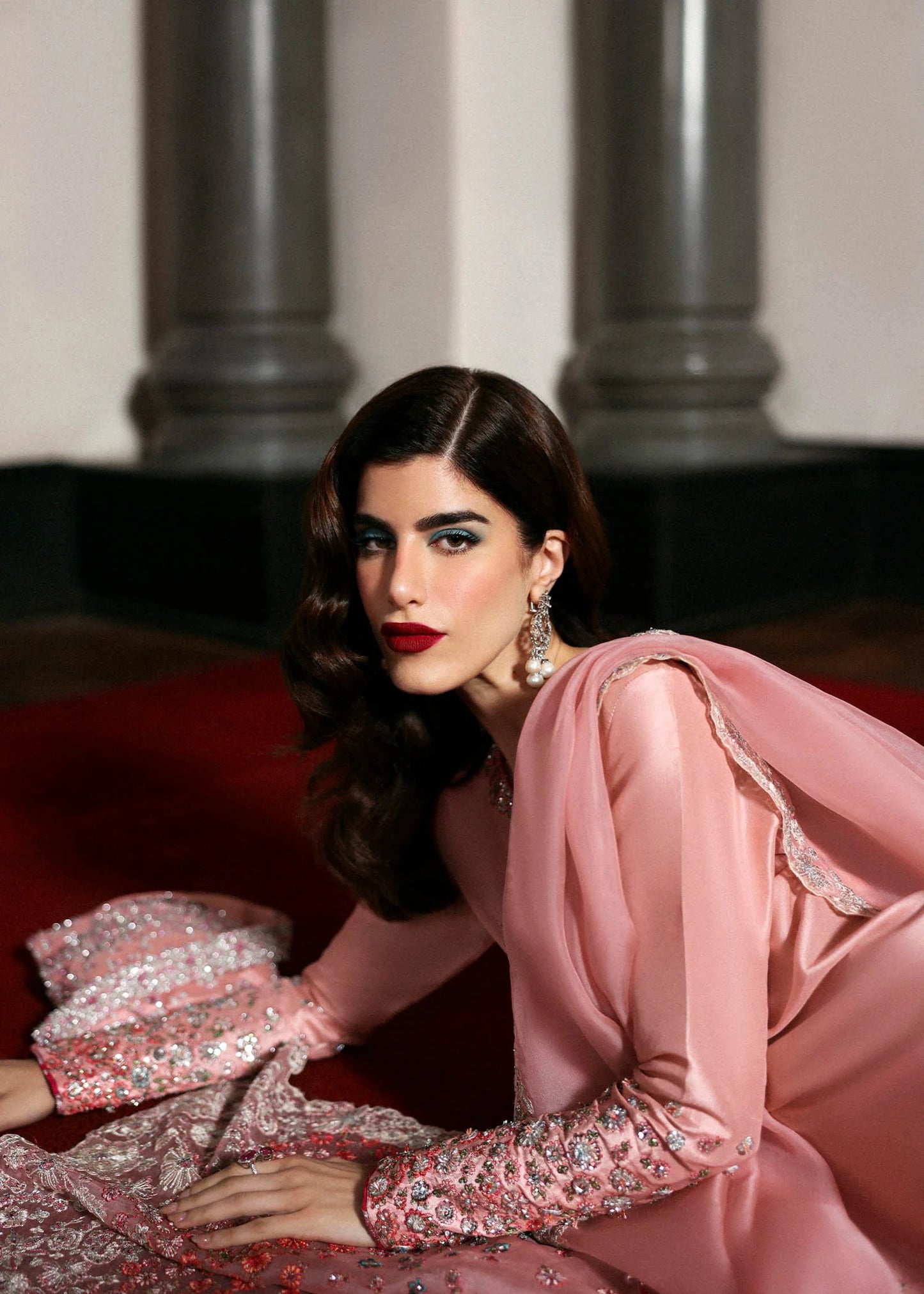 Model wearing pink Evara dress by Hussain Rehar, Pakistani luxury pret available online in UK for wedding and festive wear