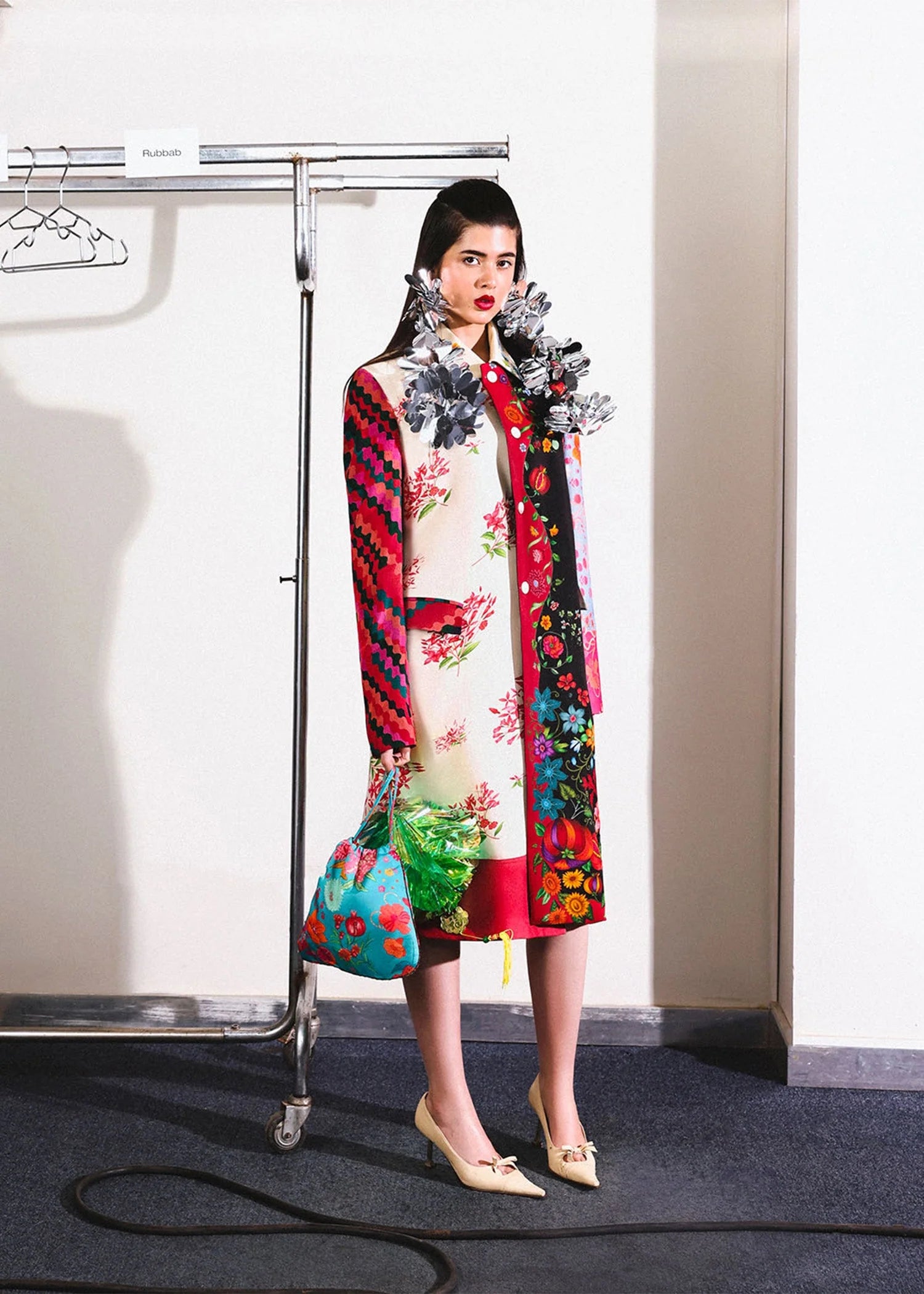 Model wearing multicolour Sauvage outfit from Hussain Rehar, ideal for Pakistani luxury pret and Pakistani clothes online in UK.
