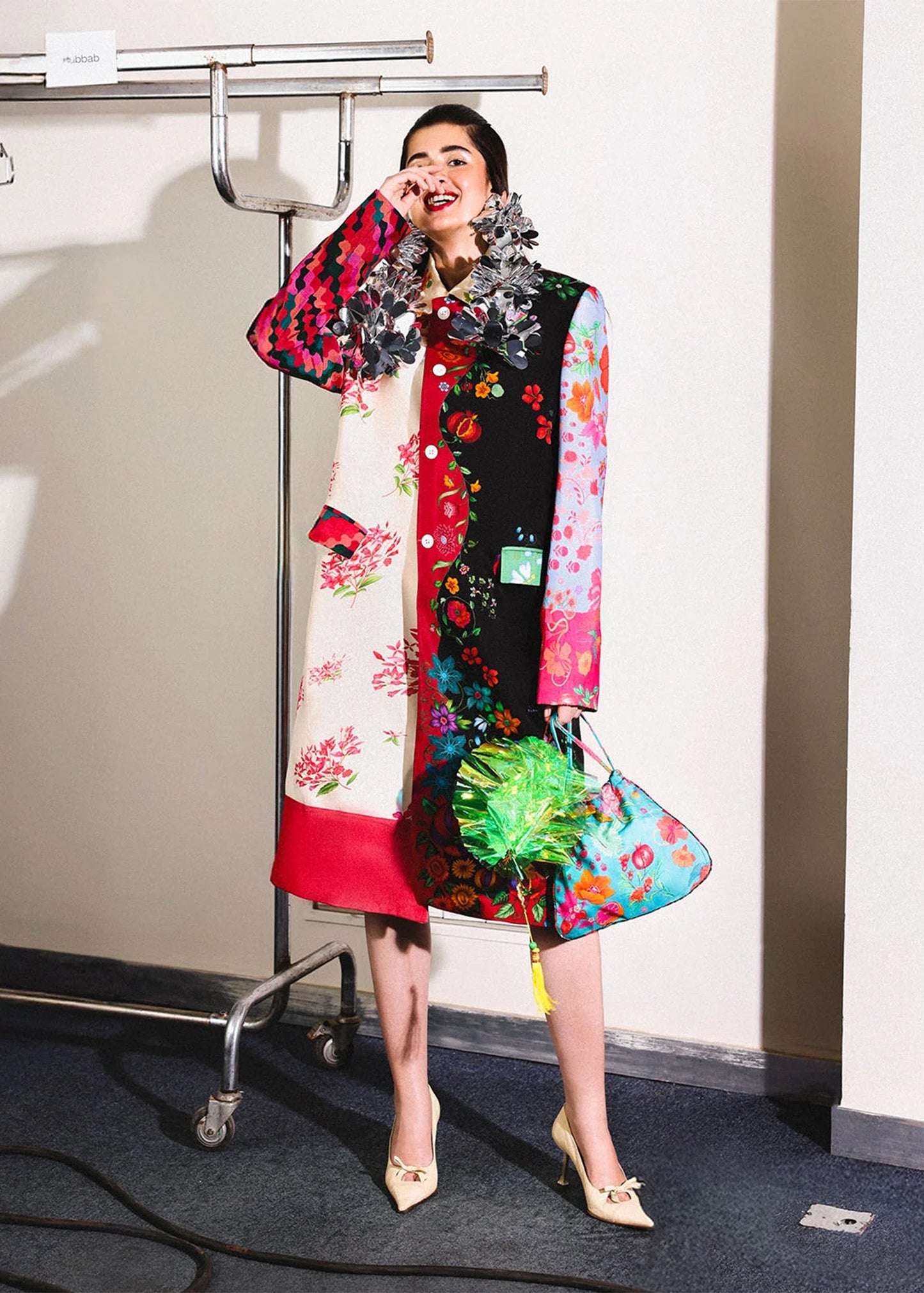 Model wearing multicolour Sauvage outfit from Hussain Rehar, ideal for Pakistani luxury pret and Pakistani clothes online in UK.
