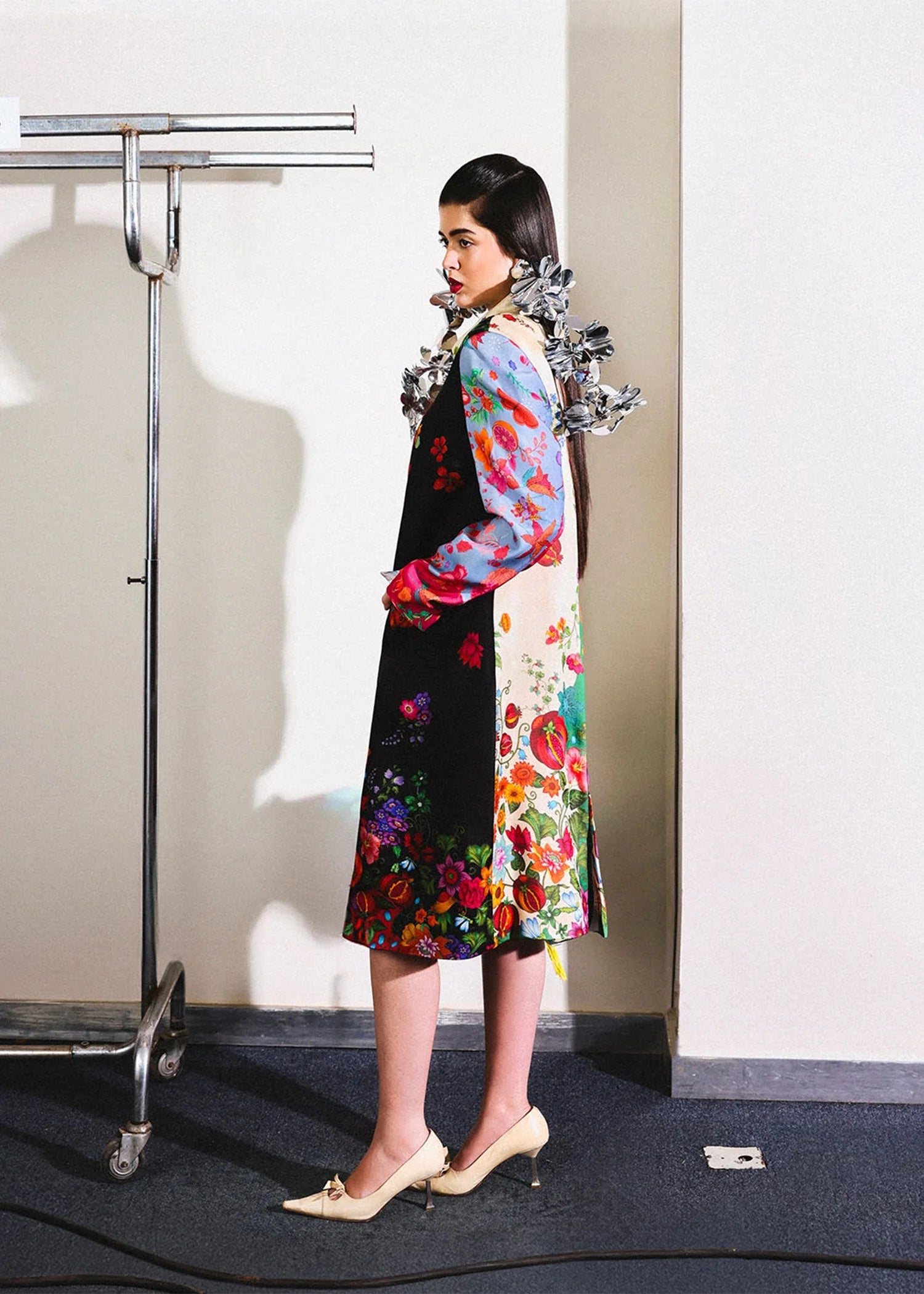 Model wearing multicolour Sauvage outfit from Hussain Rehar, ideal for Pakistani luxury pret and Pakistani clothes online in UK.
