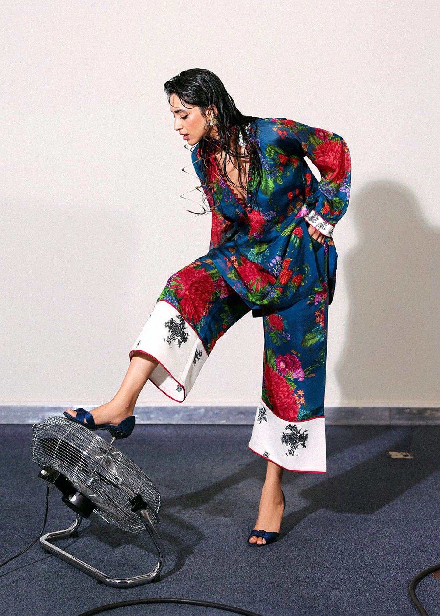 Model wearing deep blue floral print Lapis outfit from Hussain Rehar, perfect for Pakistani luxury pret and clothes online in UK.