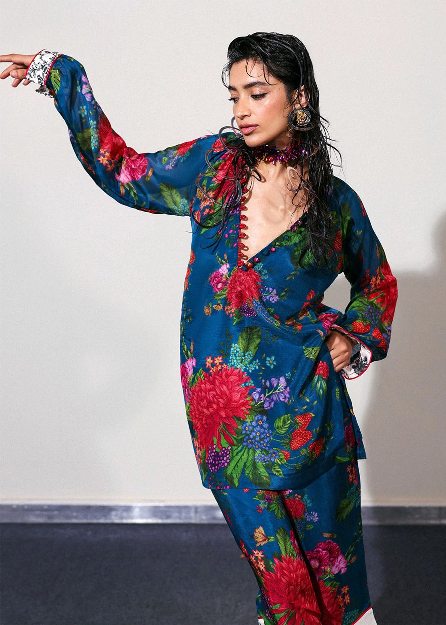 Model wearing deep blue floral print Lapis outfit from Hussain Rehar, perfect for Pakistani luxury pret and clothes online in UK.