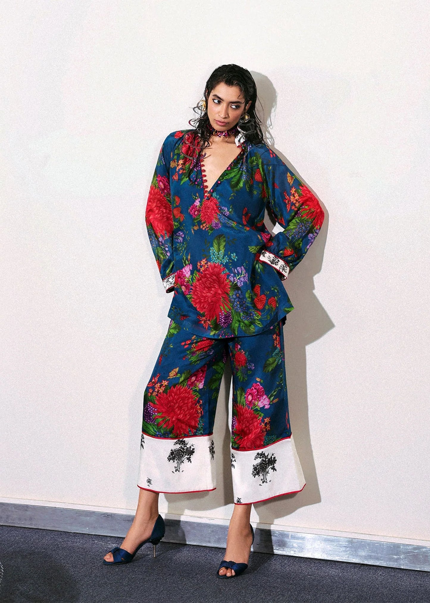 Model wearing deep blue floral print Lapis outfit from Hussain Rehar, perfect for Pakistani luxury pret and clothes online in UK.