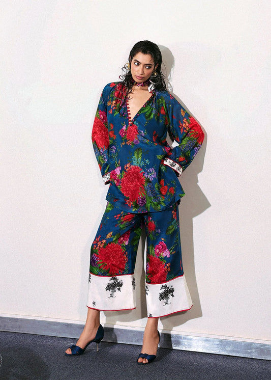 Model wearing deep blue floral print Lapis outfit from Hussain Rehar, perfect for Pakistani luxury pret and clothes online in UK.