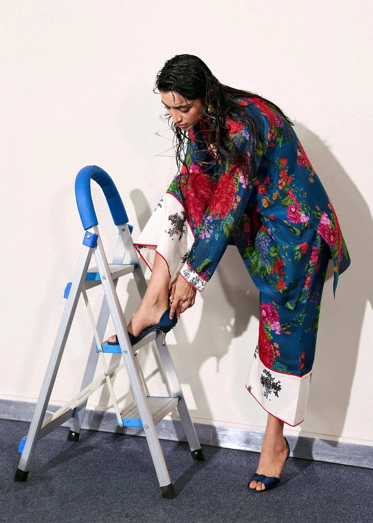 Model wearing deep blue floral print Lapis outfit from Hussain Rehar, perfect for Pakistani luxury pret and clothes online in UK.