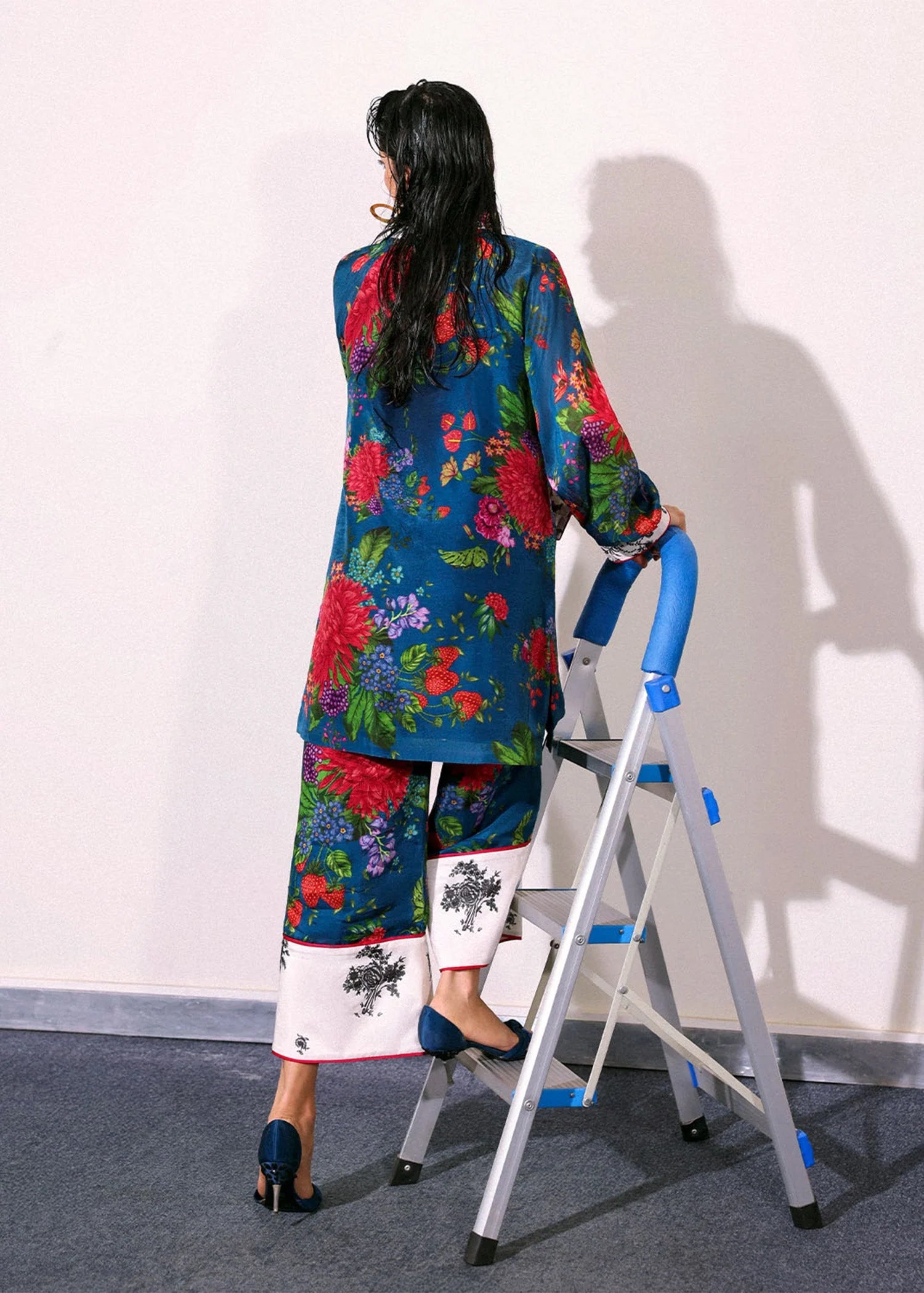 Model wearing deep blue floral print Lapis outfit from Hussain Rehar, perfect for Pakistani luxury pret and clothes online in UK.
