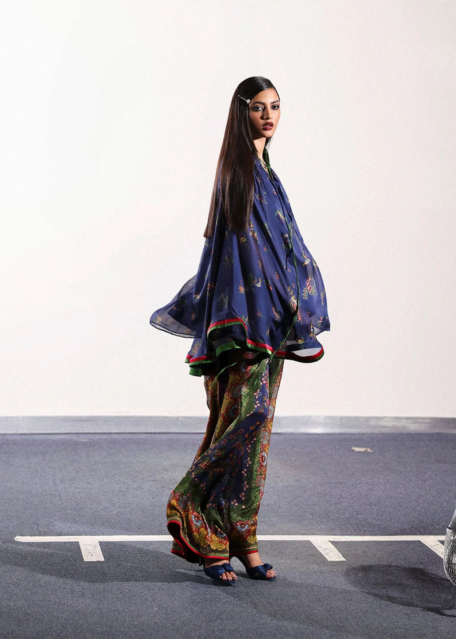 Model wearing navy blue and green Sienna outfit from Hussain Rehar PAY DAY VOL - V, ideal Pakistani luxury pret for UK wardrobes.