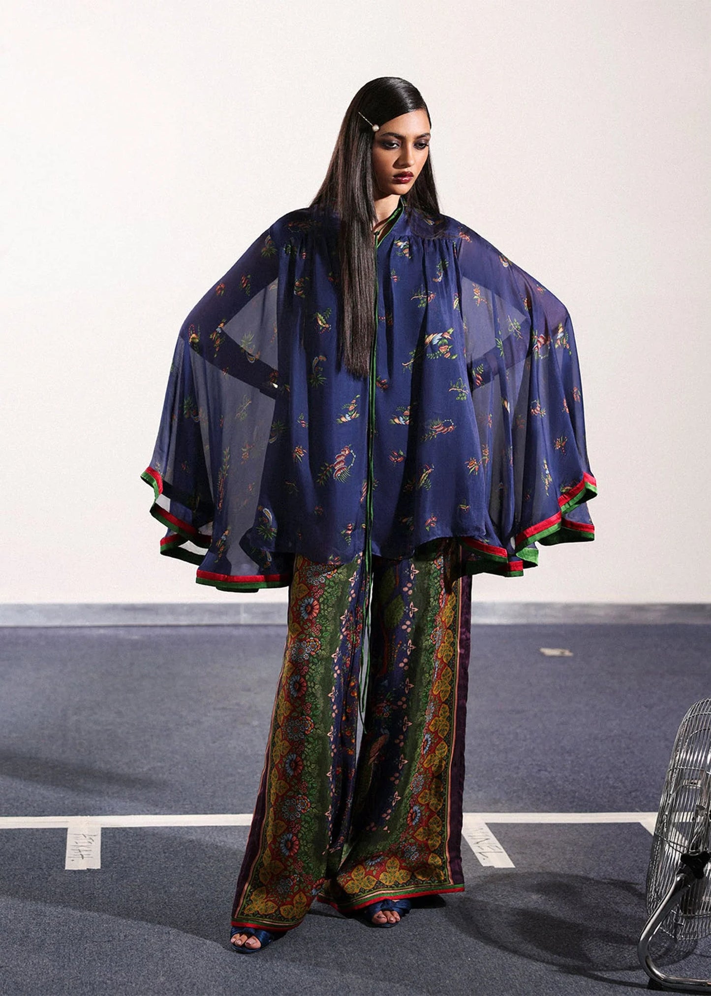 Model wearing navy blue and green Sienna outfit from Hussain Rehar PAY DAY VOL - V, ideal Pakistani luxury pret for UK wardrobes.