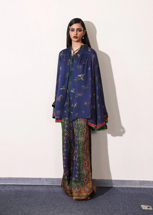 Model wearing navy blue and green Sienna outfit from Hussain Rehar PAY DAY VOL - V, ideal Pakistani luxury pret for UK wardrobes.