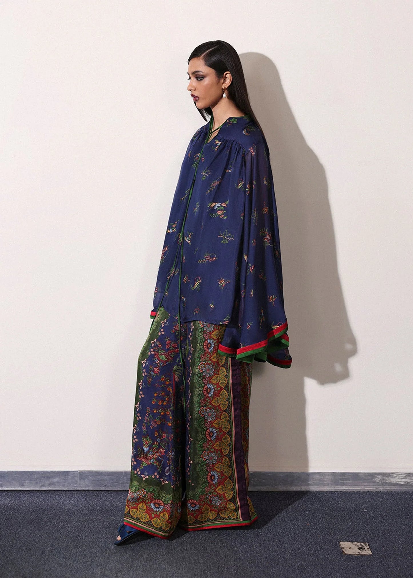Model wearing navy blue and green Sienna outfit from Hussain Rehar PAY DAY VOL - V, ideal Pakistani luxury pret for UK wardrobes.