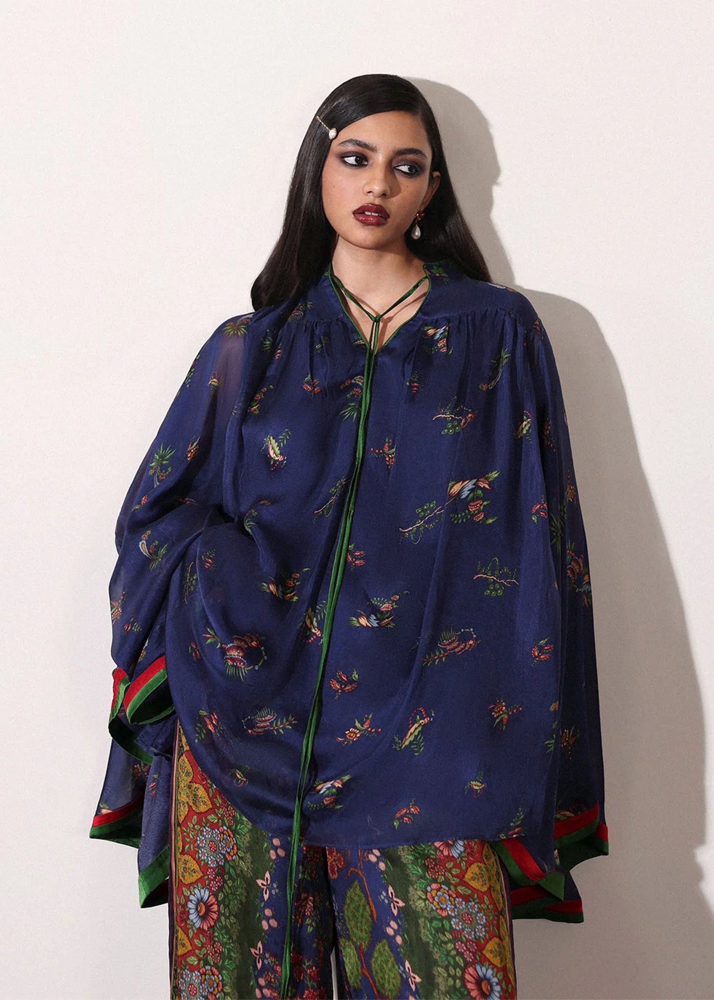Model wearing navy blue and green Sienna outfit from Hussain Rehar PAY DAY VOL - V, ideal Pakistani luxury pret for UK wardrobes.