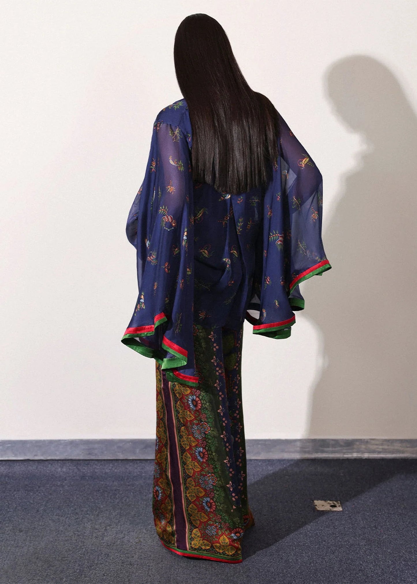 Model wearing navy blue and green Sienna outfit from Hussain Rehar PAY DAY VOL - V, ideal Pakistani luxury pret for UK wardrobes.