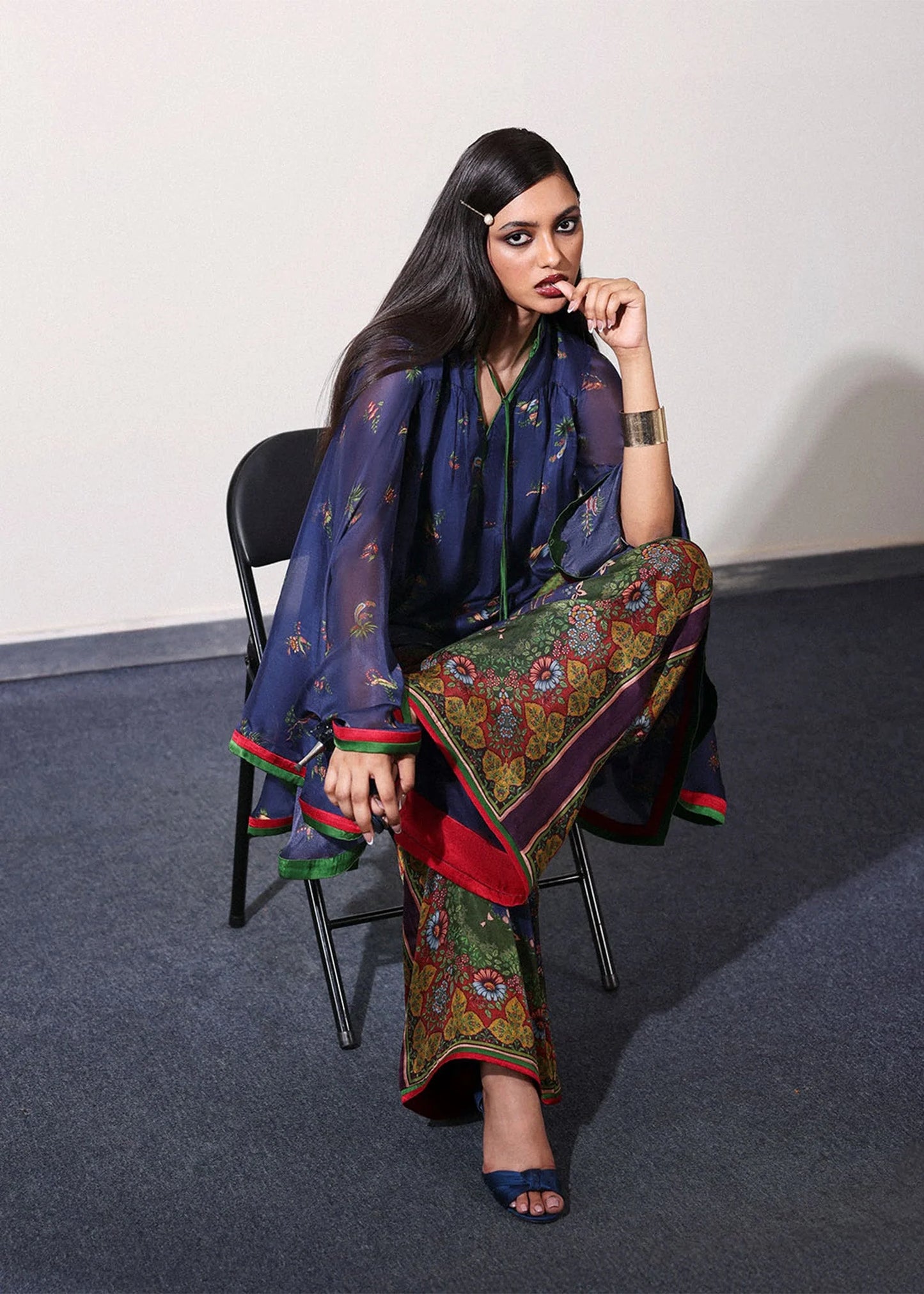 Model wearing navy blue and green Sienna outfit from Hussain Rehar PAY DAY VOL - V, ideal Pakistani luxury pret for UK wardrobes.