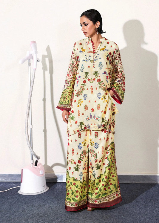 Model wearing cream and multicolor floral Alouette outfit from Hussain Rehar, perfect for Pakistani luxury pret and clothes online in UK.