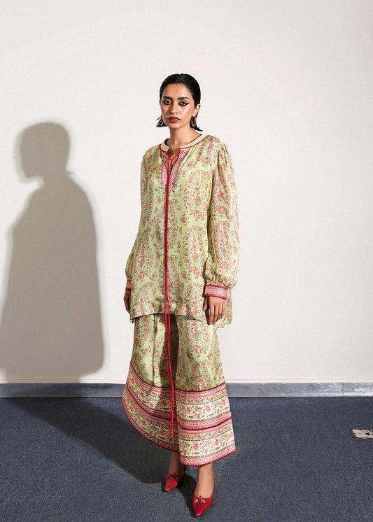 Model wearing light green floral print Beryl outfit from Hussain Rehar, ideal for Pakistani luxury pret and clothes online in UK.