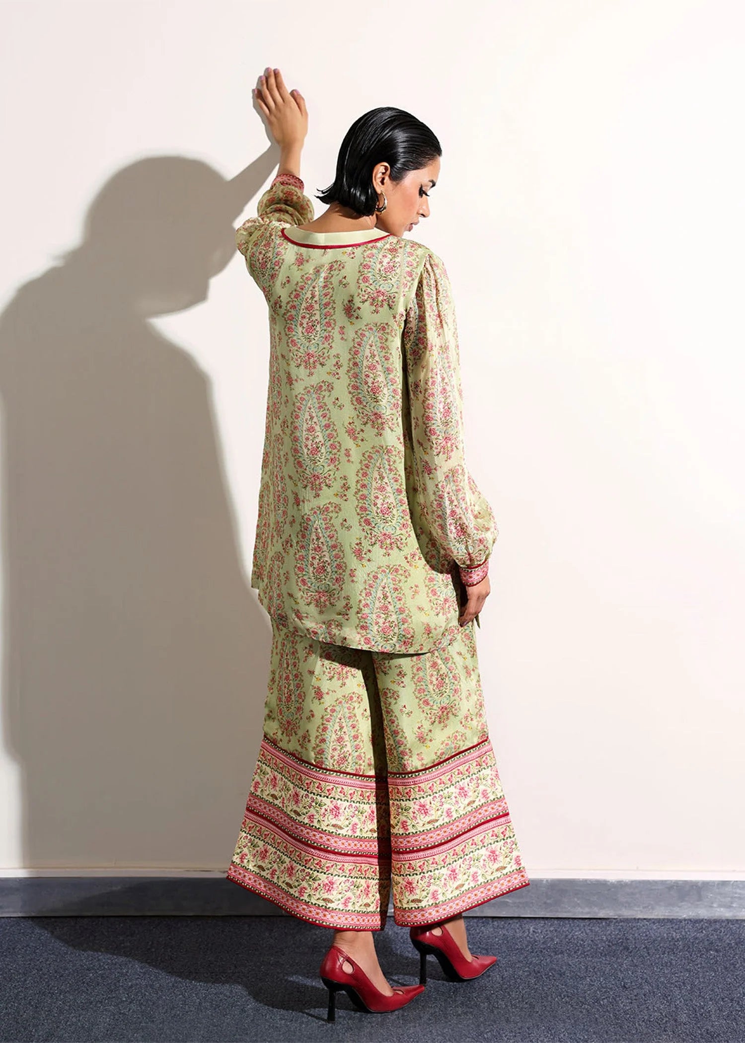 Model wearing light green floral print Beryl outfit from Hussain Rehar, ideal for Pakistani luxury pret and clothes online in UK.