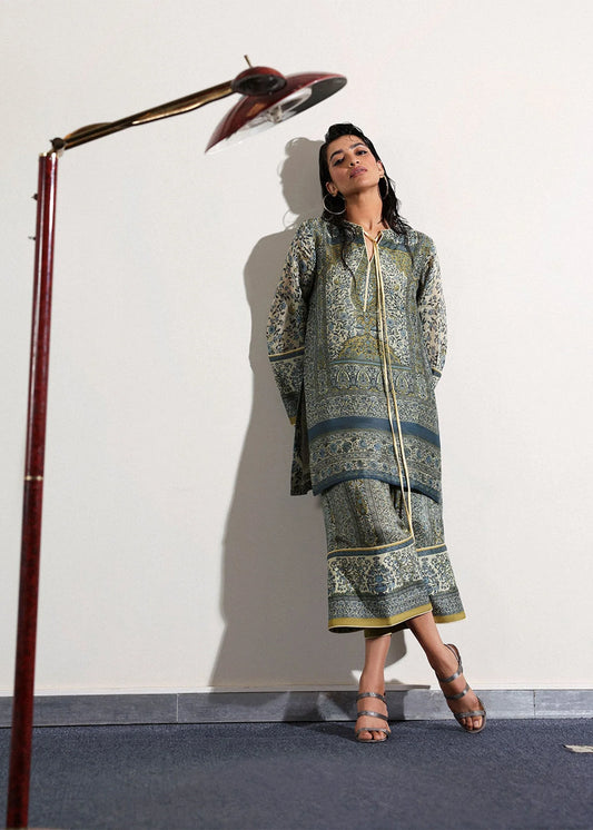 Model wearing blue and olive printed co-ord set from Hussain Rehar PAY DAY VOL - V, Pakistani luxury pret for Pakistani clothes online in UK.