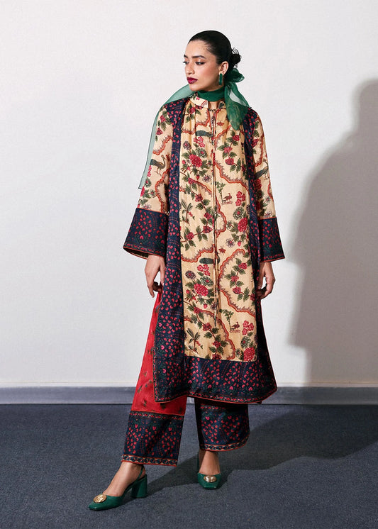 Model wearing light camel and red Mocha outfit from Hussain Rehar, perfect for Pakistani luxury pret and Pakistani clothes online in UK.
