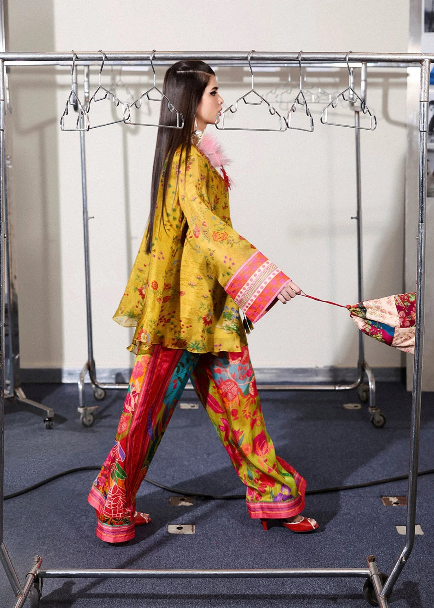 Model wearing mustard yellow and multicolor Aurora set from Hussain Rehar PAY DAY VOL - V, perfect Pakistani luxury pret in the UK.