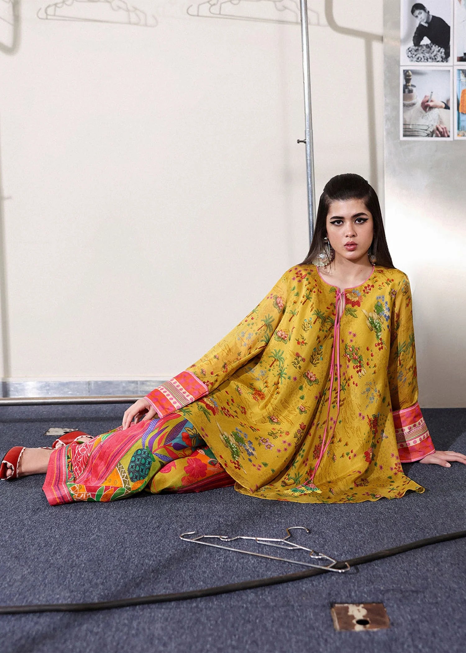Model wearing mustard yellow and multicolor Aurora set from Hussain Rehar PAY DAY VOL - V, perfect Pakistani luxury pret in the UK.
