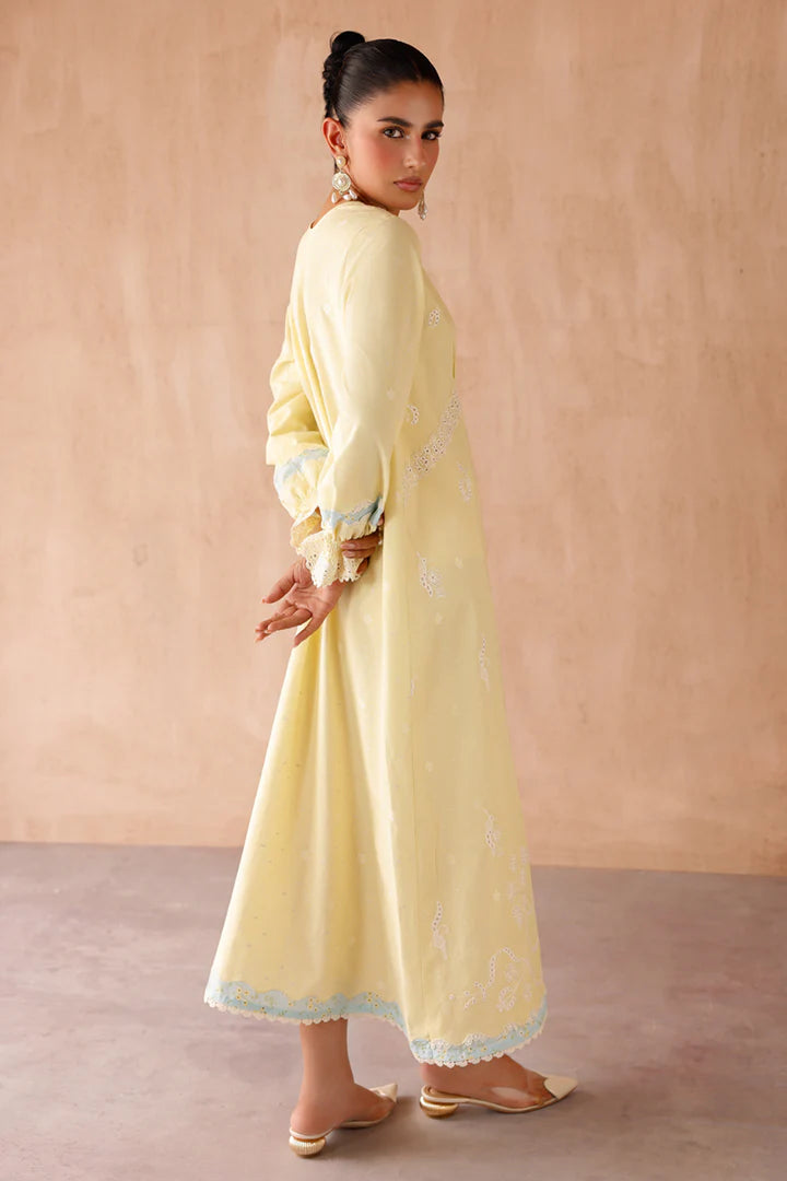 Model wearing yellow embroidered coords EP-10 Elin from Qalamkar, Pakistani luxury pret available online in UK.